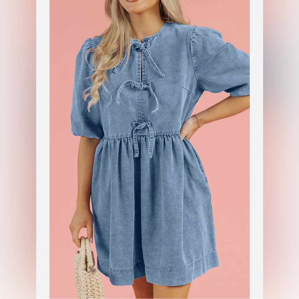 Haven Grace Bow Knot Denim Dress Small Blue NWT